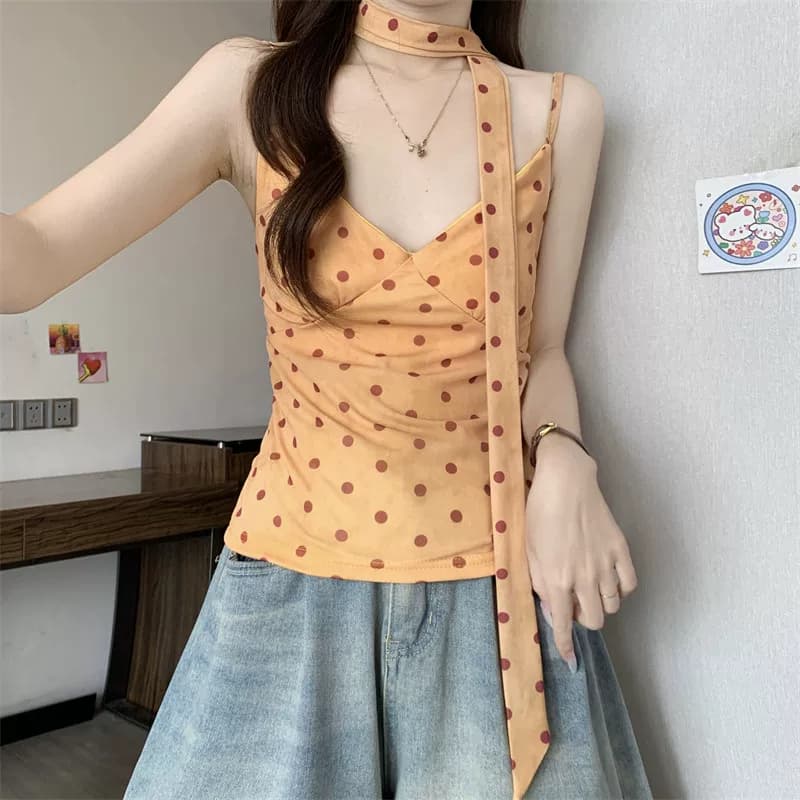 橘黄波点V领围脖吊带背心女夏季多巴胺修身短款纯欲无袖甜辣上衣 24