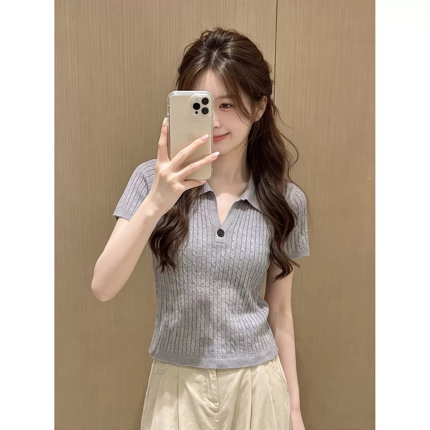 灰色Polo领绞花针织短袖T恤女夏季半开襟修身复古短款学院风上衣 8