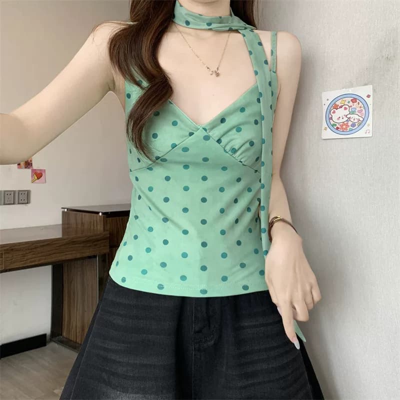 橘黄波点V领围脖吊带背心女夏季多巴胺修身短款纯欲无袖甜辣上衣 14