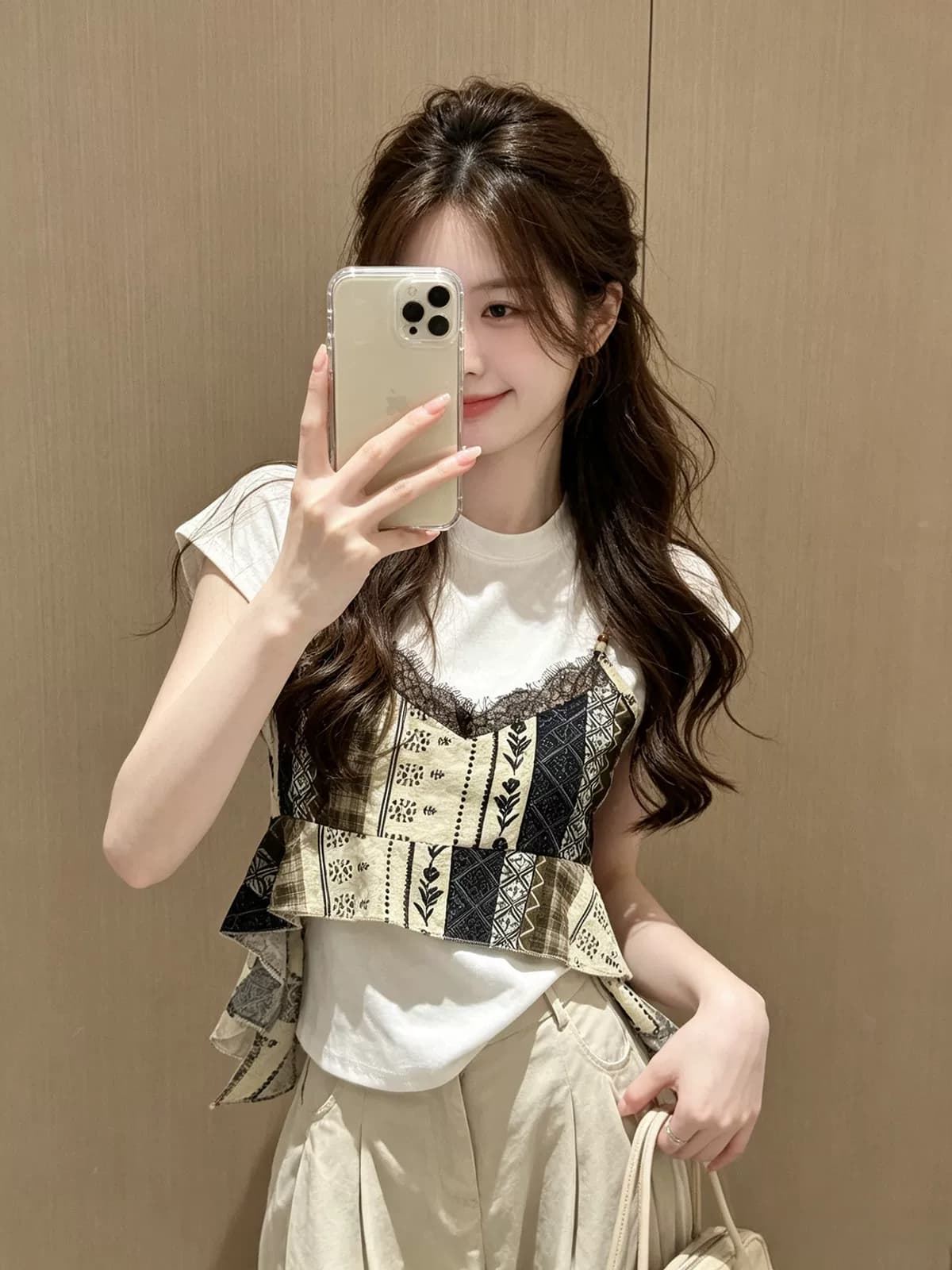 韩系复古印花蕾丝吊带背心女夏季V领不规则下摆短款叠穿无袖上衣 2