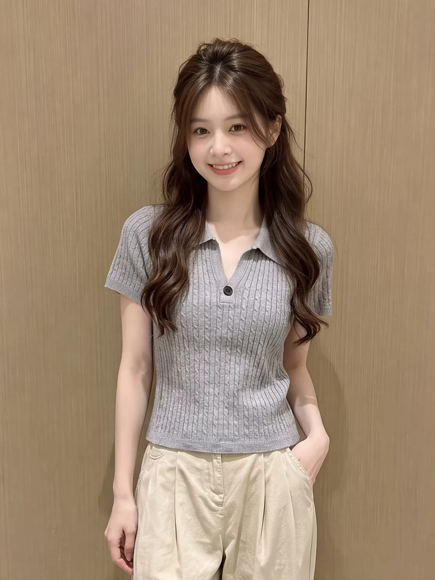 灰色Polo领绞花针织短袖T恤女夏季半开襟修身复古短款学院风上衣 11