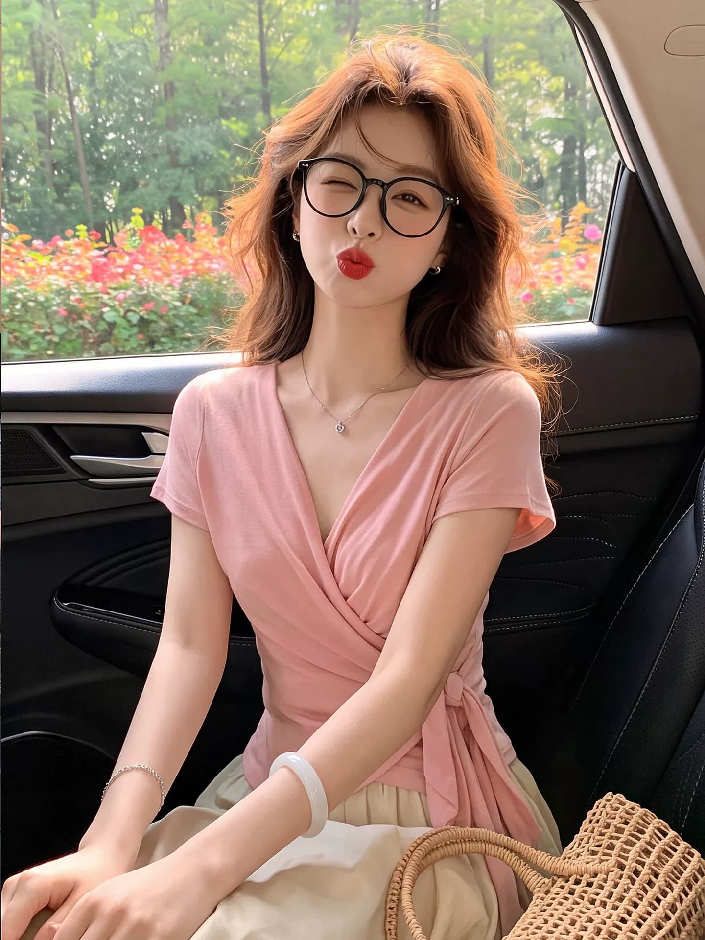 豆沙粉交叉V领围裹绑带短袖T恤女夏季收腰褶皱修身纯欲短款小上衣 5