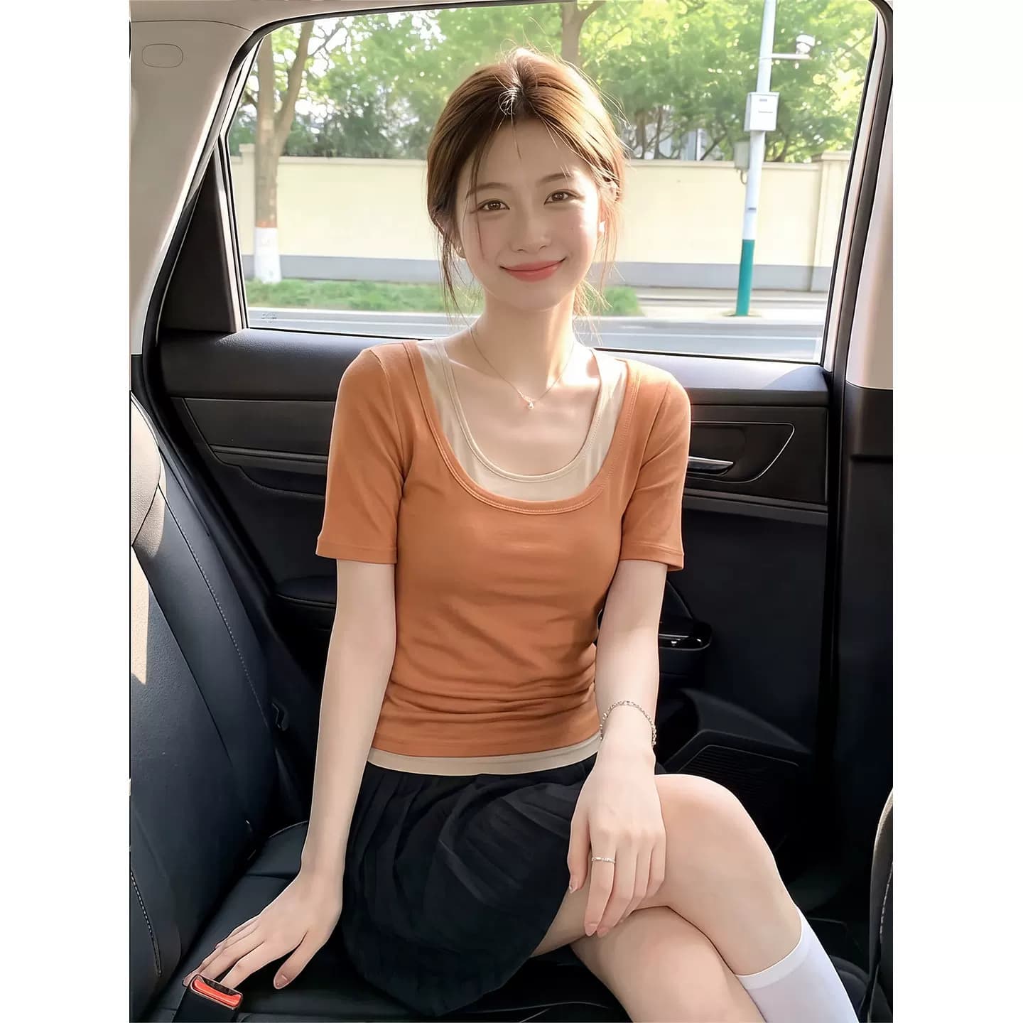 焦糖色U领假两件短袖T恤女夏季撞色内搭弹力修身短款打底温柔上衣 5