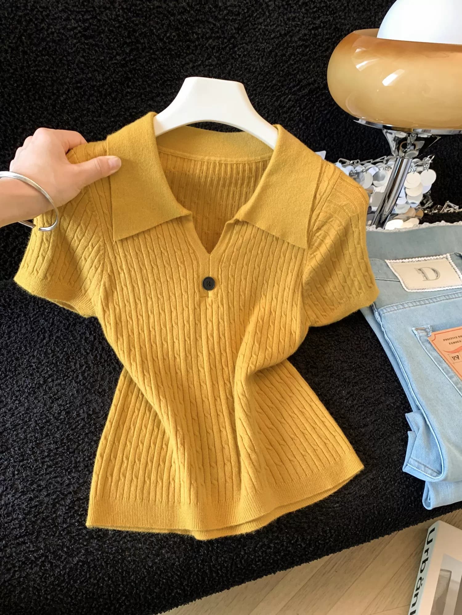 灰色Polo领绞花针织短袖T恤女夏季半开襟修身复古短款学院风上衣 31