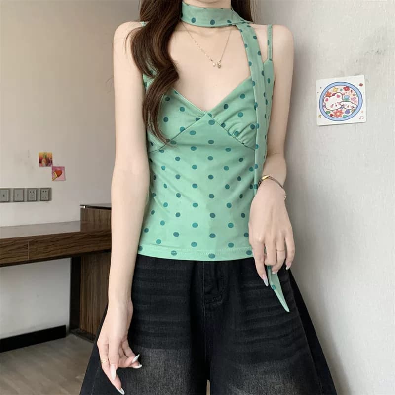 橘黄波点V领围脖吊带背心女夏季多巴胺修身短款纯欲无袖甜辣上衣 16
