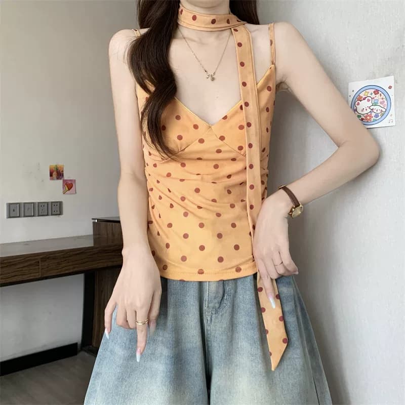 橘黄波点V领围脖吊带背心女夏季多巴胺修身短款纯欲无袖甜辣上衣 22