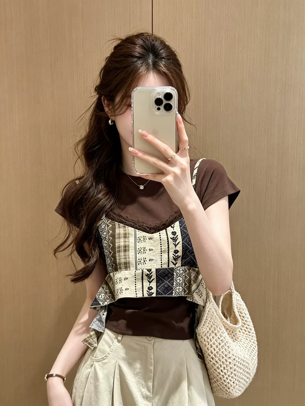 韩系复古印花蕾丝吊带背心女夏季V领不规则下摆短款叠穿无袖上衣 8