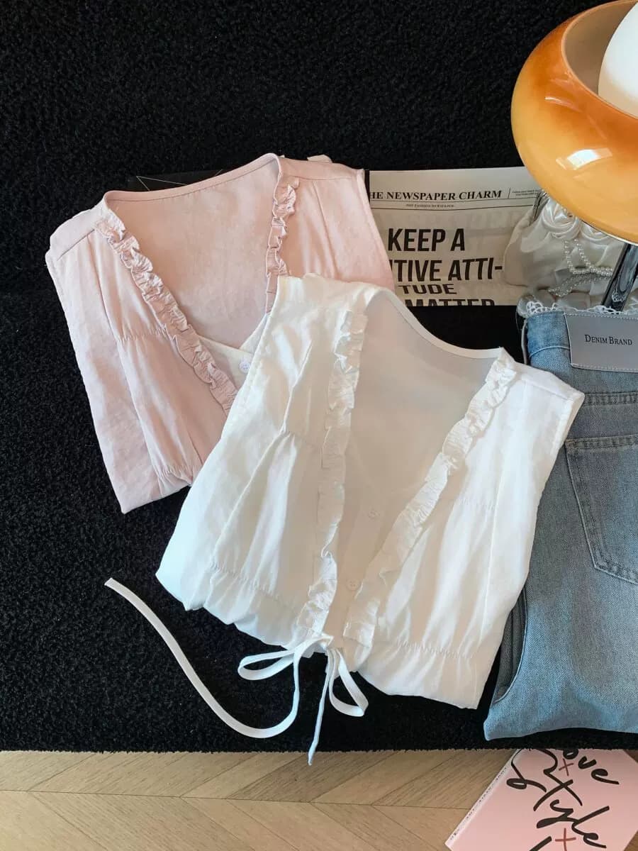 法式小资花边v领背心衬衫女夏季设计感小众无袖遮肉宽松白色上衣 18