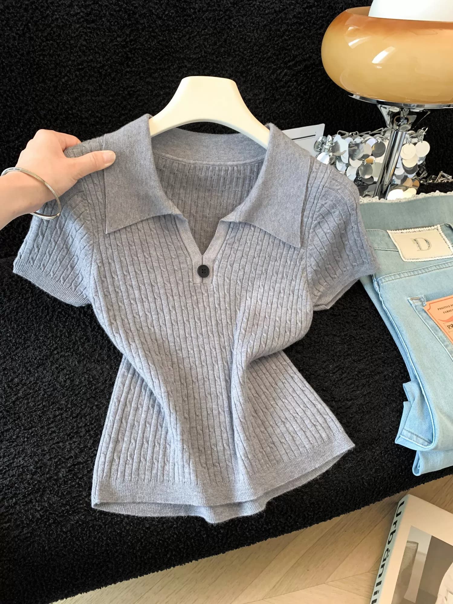 灰色Polo领绞花针织短袖T恤女夏季半开襟修身复古短款学院风上衣 30