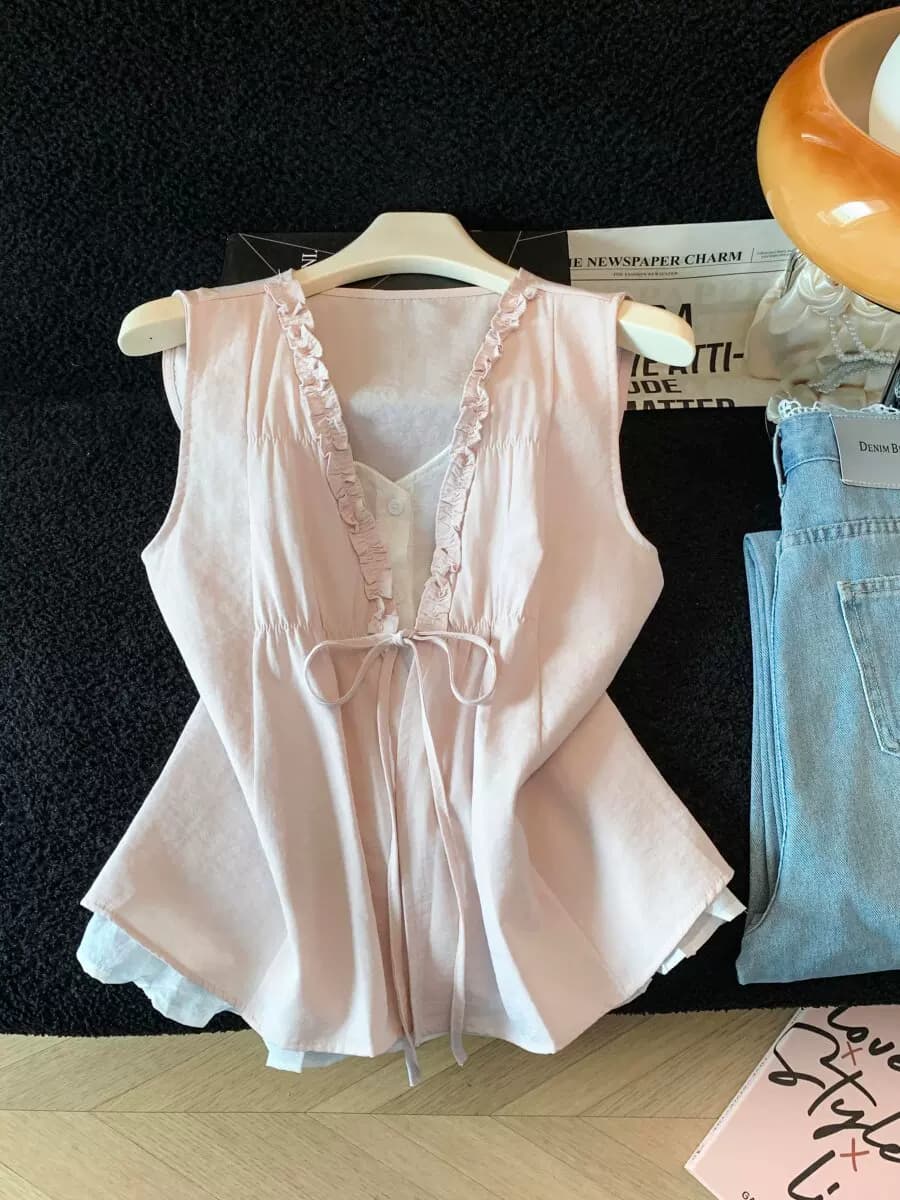 法式小资花边v领背心衬衫女夏季设计感小众无袖遮肉宽松白色上衣 10