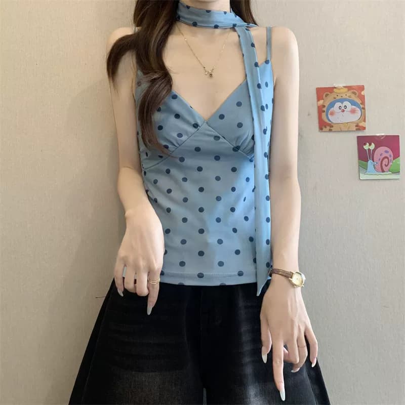 橘黄波点V领围脖吊带背心女夏季多巴胺修身短款纯欲无袖甜辣上衣 11
