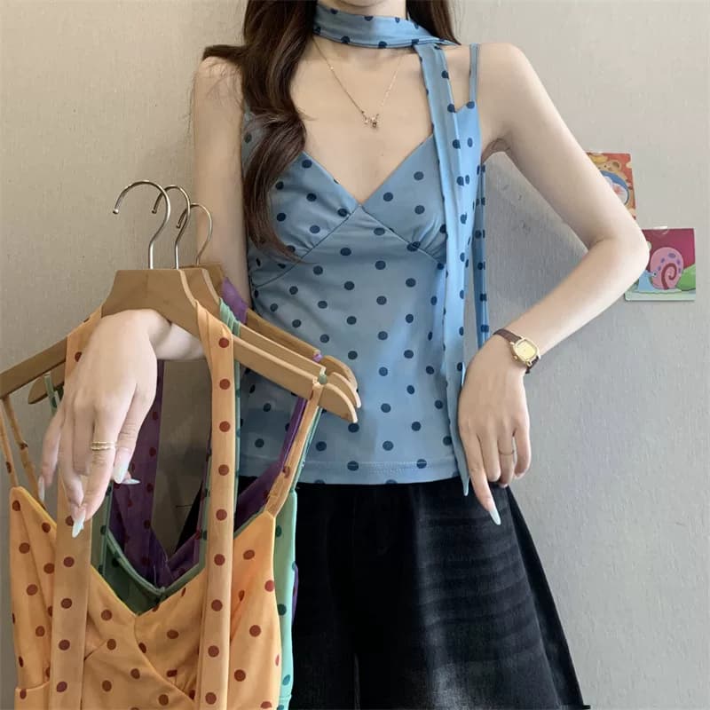 橘黄波点V领围脖吊带背心女夏季多巴胺修身短款纯欲无袖甜辣上衣 7