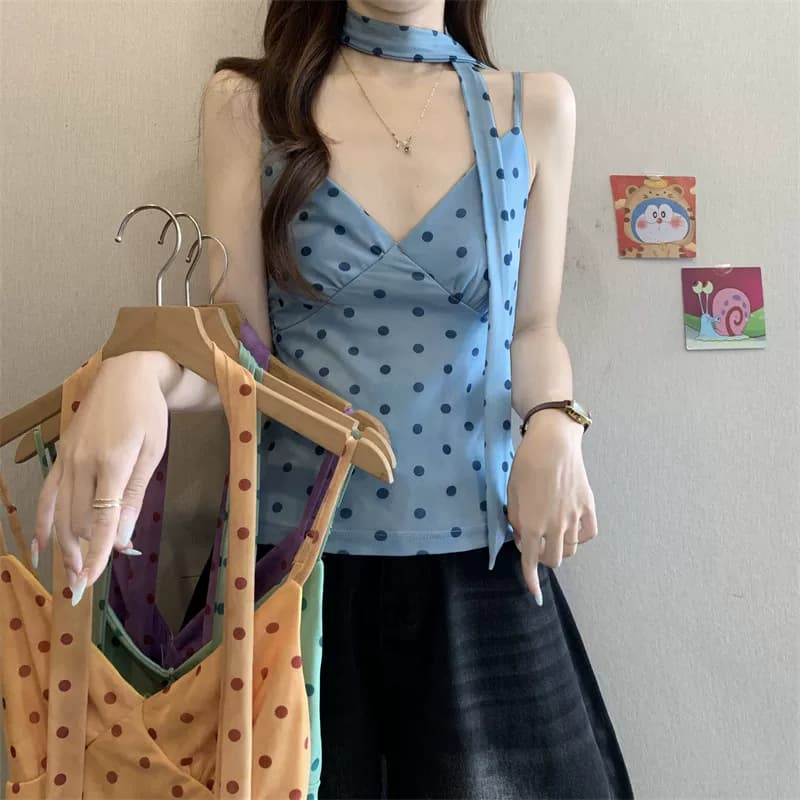 橘黄波点V领围脖吊带背心女夏季多巴胺修身短款纯欲无袖甜辣上衣 8