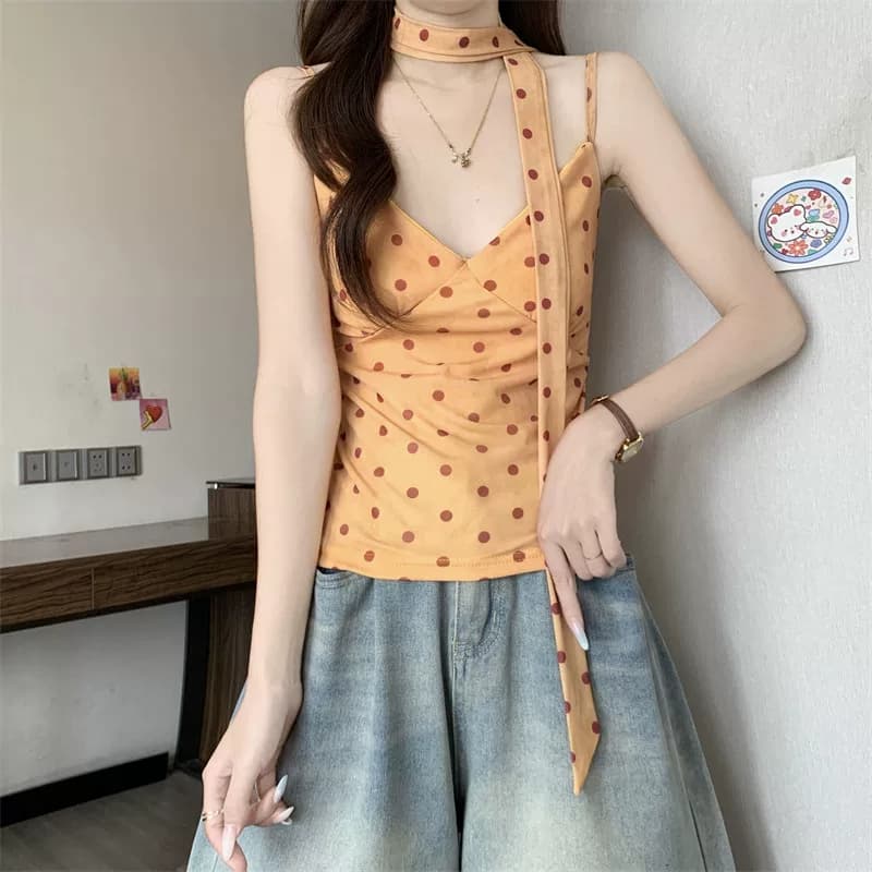 橘黄波点V领围脖吊带背心女夏季多巴胺修身短款纯欲无袖甜辣上衣 23