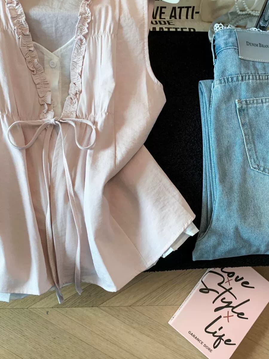 法式小资花边v领背心衬衫女夏季设计感小众无袖遮肉宽松白色上衣 14