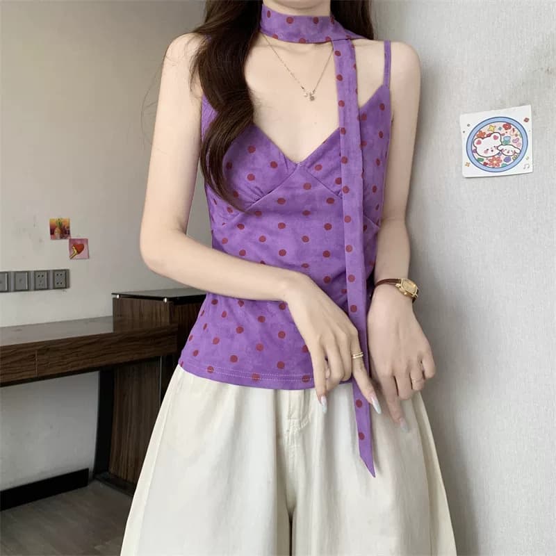 橘黄波点V领围脖吊带背心女夏季多巴胺修身短款纯欲无袖甜辣上衣 17