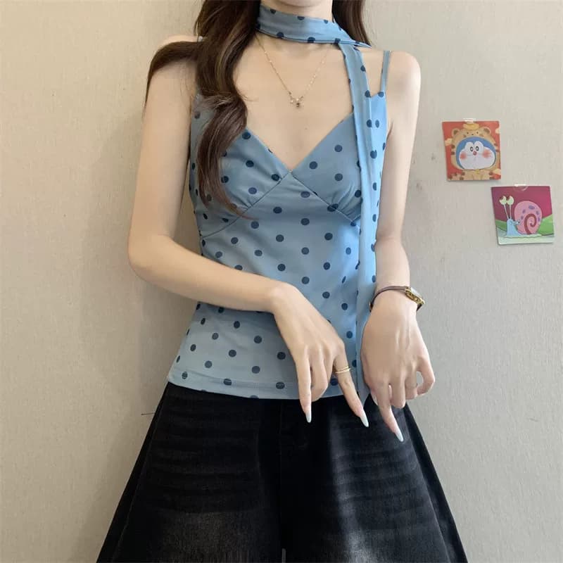 橘黄波点V领围脖吊带背心女夏季多巴胺修身短款纯欲无袖甜辣上衣 12