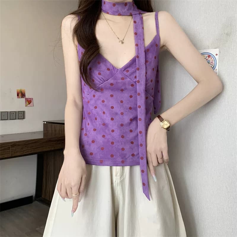 橘黄波点V领围脖吊带背心女夏季多巴胺修身短款纯欲无袖甜辣上衣 18