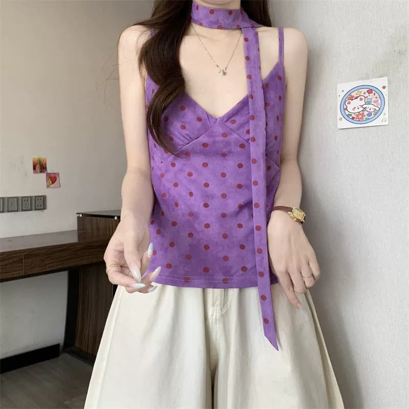 橘黄波点V领围脖吊带背心女夏季多巴胺修身短款纯欲无袖甜辣上衣 19