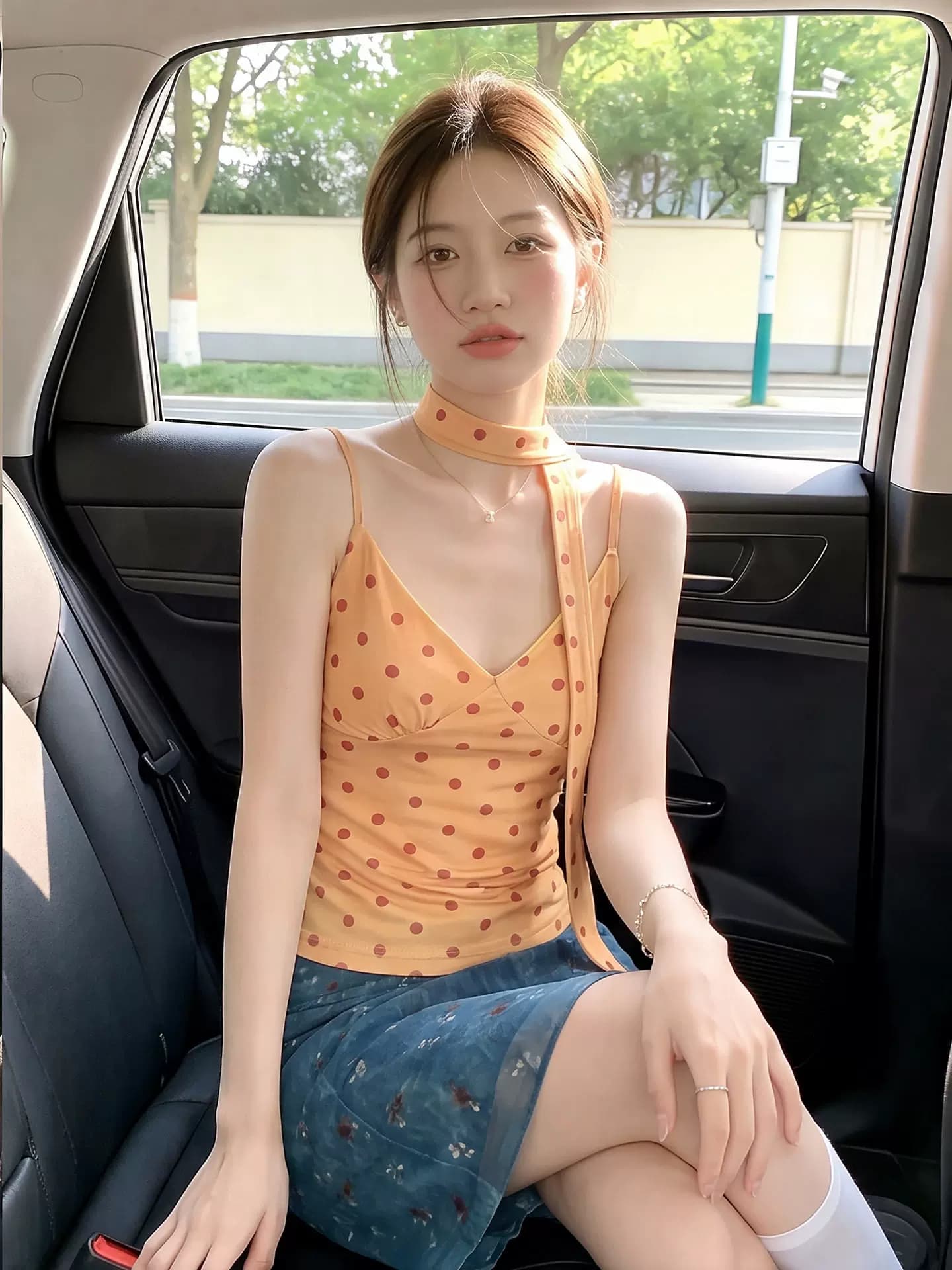 橘黄波点V领围脖吊带背心女夏季多巴胺修身短款纯欲无袖甜辣上衣 5