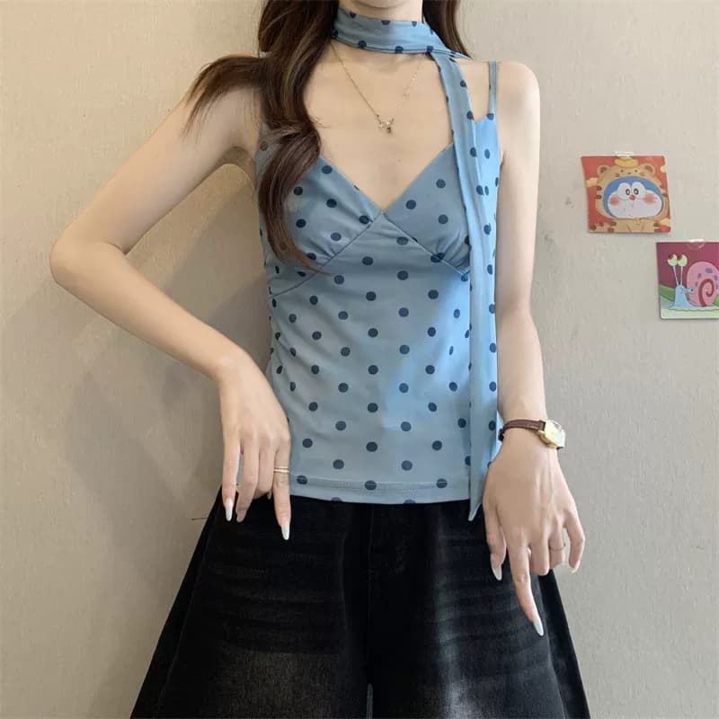 橘黄波点V领围脖吊带背心女夏季多巴胺修身短款纯欲无袖甜辣上衣 9