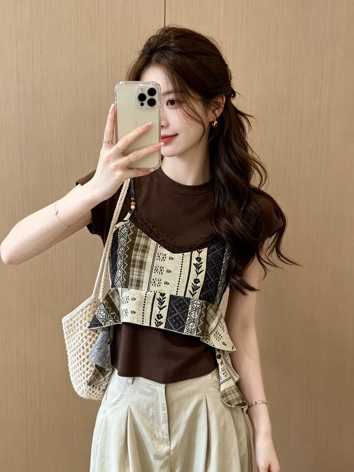 韩系复古印花蕾丝吊带背心女夏季V领不规则下摆短款叠穿无袖上衣 7