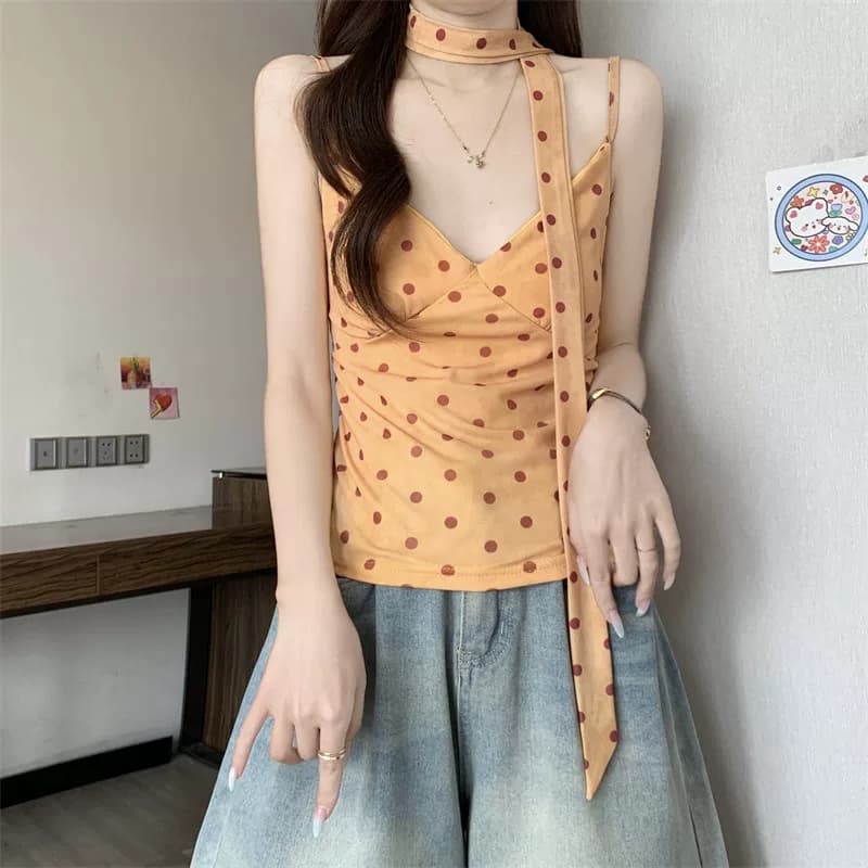 橘黄波点V领围脖吊带背心女夏季多巴胺修身短款纯欲无袖甜辣上衣 21