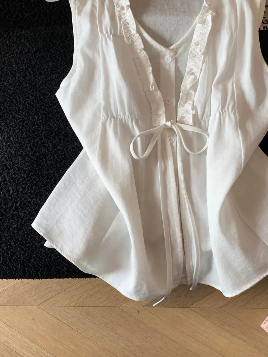 法式小资花边v领背心衬衫女夏季设计感小众无袖遮肉宽松白色上衣 5